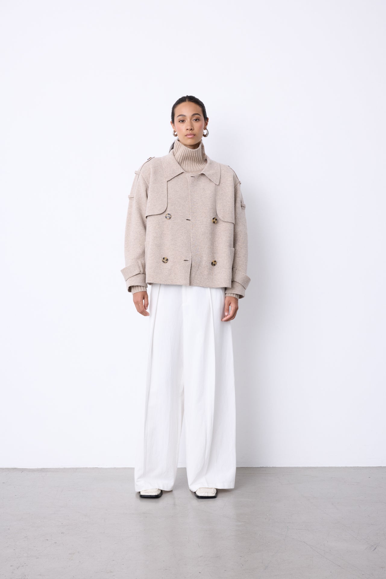 ジャケット・アウター <H> WOOL CASHMERE MELTON COVER ALL BEIGE 90% wool 10% cashmere gauge 12 • Notshy Cashmere